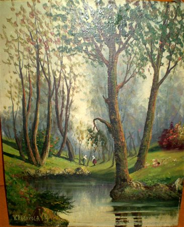 V.Passaiola "Bosco con figura" olio su cartone telato cm 50x40