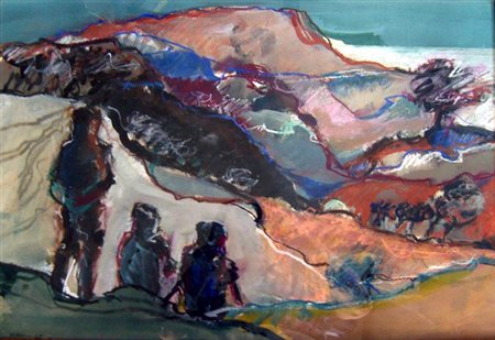 Sergio Scanu "Paesaggio con figure" Tecnica mista su cartoncino cm 50x70...