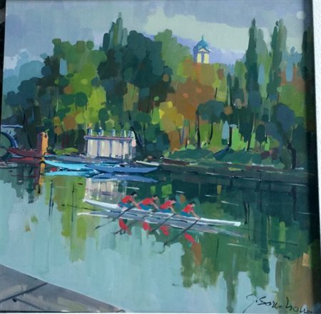 ..Anonimo (firma indecifrabile).Paesaggio Torinese , Olio su tela cm 60x60