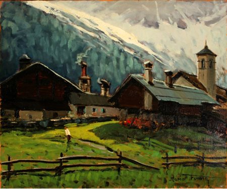 Mario Fumia "paesaggio con baite" olio su tela cm 50x60 Autentica...