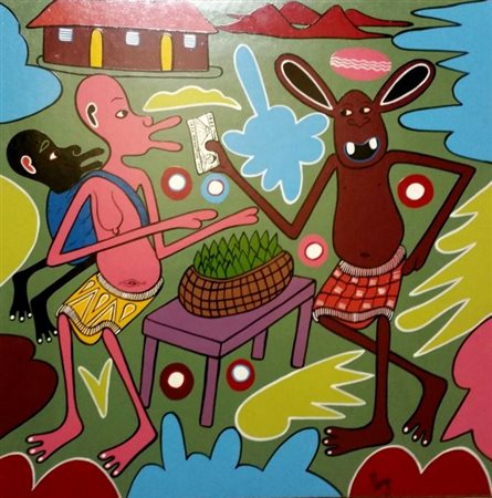 Geroge Lilanga "Villaggio africano" smalti su masonite cm 61x61 Certificato...