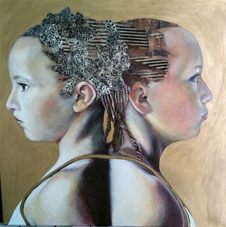 Maribel Moreno "Luna a nul"Olio e collage su tela cm 50x50.Aut.dell'Artista...