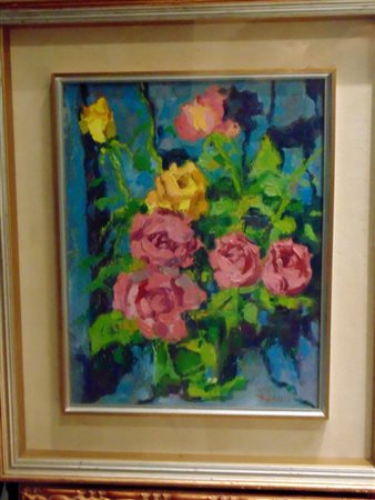 Beppe Gallo "Mazzo di rose" olio su masonite cm 50x35 Autentica Galleria...