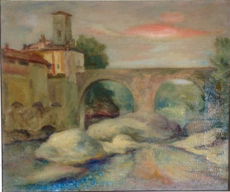 Fioravante Arioli "Ponte antico" olio su tela cm 50x60 Firma in basso a...