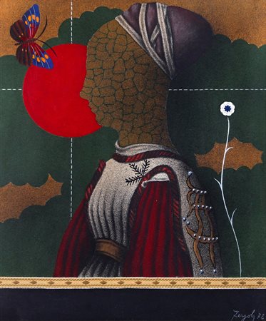 Sergio Fergola "Figura nel paesaggio" 1978 acrilici e collage su tela cm...