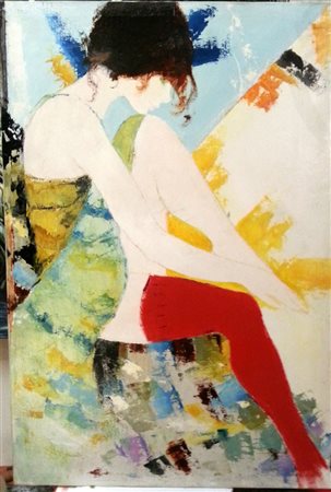 Italo Bongera "La calza rossa" 1973 olio su tela cm 70x50 Firma, titolo e...