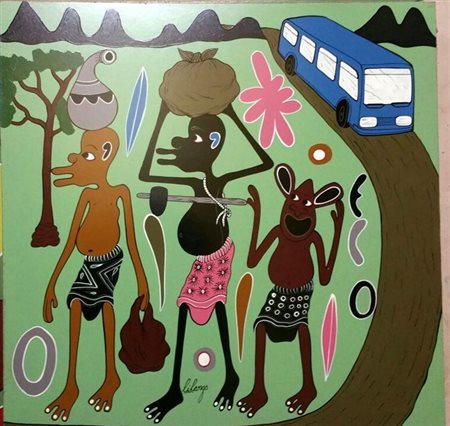 George Lilanga "Villaggio La corriera" smalti su masonite cm 61x61...