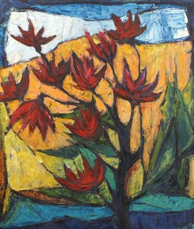 Franz Ficara "Fiori rossi" anni '80 olio su tela cm 60x50 Prov. Galleria...