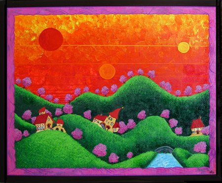 Sara Scalco "Tramonto a tre soli" tempera grassa su tela cm 50x60 certificato...