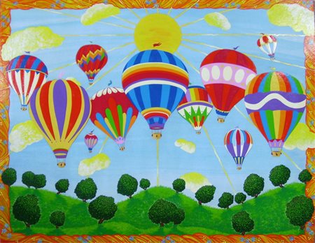 Sara Scalco "Mongolfiere" tempera grassa su tela cm 40x50 certificato su foto...