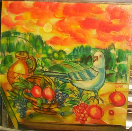 Gianni Baretta (Gianbar) "Colomba con natura morta" olio su tela applicata su...