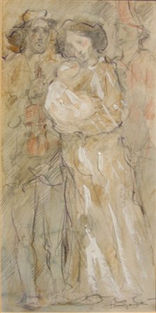 Trento Longaretti "La famiglia" 1985 matita e acquerello su carta cm 28x13,5...