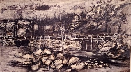 Pietro Garino "Il ponte" 1962 Tecnica mista su tavola cm 40x70