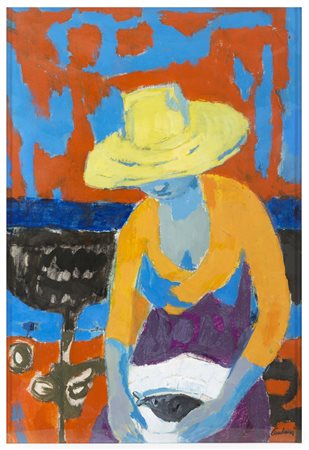 ENRICO PAULUCCI Genova 1901 - Torino 1999 Figura Olio su tela cm 70 x 43...