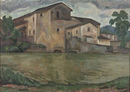 RAFFAELE DE GRADA Milano 1885 - 1957 Grande casolare Olio su tela cm 50 x 70...