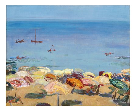 CARLO CORSI Nizza 1879 - Bologna 1966 Marina Celle, 1951 Olio su tavoletta cm...