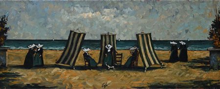 Nino Caffè (Alfedena 1908 - Pesaro 1975) Suorine al mare 1964 Firma in basso...