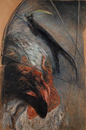 Ennio Calabria (Tripoli 1937 - Roma 2024) Veduta di interno con gatto 1986...