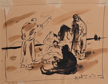 Felice Carena (Cumiana 1879 - Venezia 1966) Predica di un prete in riva al...