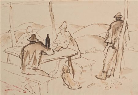 Felice Carena (Cumiana 1879 - Venezia 1966) Cacciatori a riposo Inchiostro su...