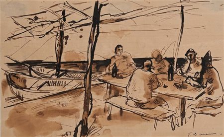 Felice Carena (Cumiana 1879 - Venezia 1966) Pescatori a riposo in riva al...