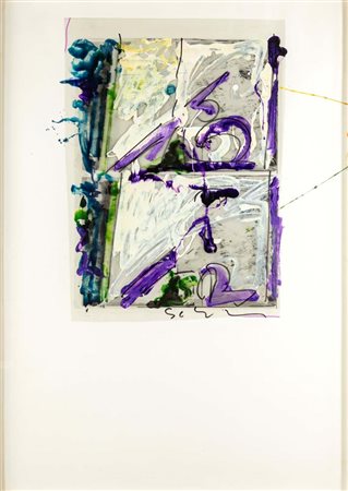 Mario Schifano (Homs 1934 - Roma 1998) Due riquadri bianco/viola 1982 Firma...