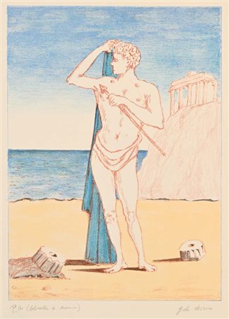Giorgio De Chirico (Volo 1888 - Roma 1978) Figura con mantello azzurro Firma...