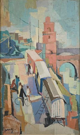 Paolo Frosecchi Carrozzoni a Ponte Milvio, 1959, Olio su tela, cm 106x64 - in...