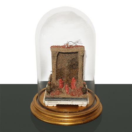 Presepe in corallo rosso Torre del Greco in teca di vetro, primi 20° secolo