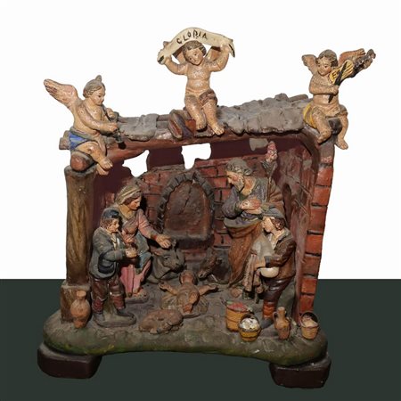 Presepe in ceramica policroma di Caltagirone con pastori e angeli, 20° secolo