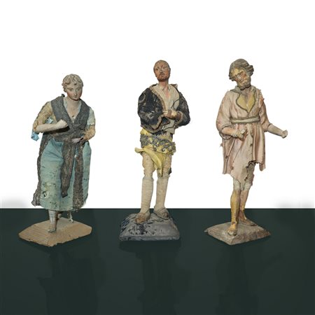 N°3 Statue di pastori genovesi con busto mani e piedi in terracotta, occhi dipini e abiti in tessuto e crine ,  19° secolo