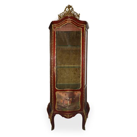Vetrina Napoleone III laccata e dipinta con scene galanti con cornice e guarnizioni in bronzo, fine 19° secolo