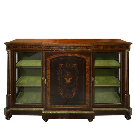 Etagere in legno di mogano con intarsi sul fronte, fine 19° secolo