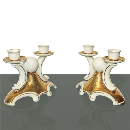 Alka Kunst Kronach Bavaria - Coppia di candelieri in ceramica con decori dorati