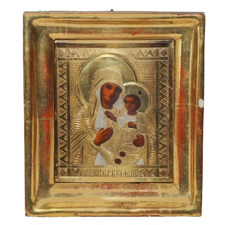 Icona russa in teca con riza dorata e argentata