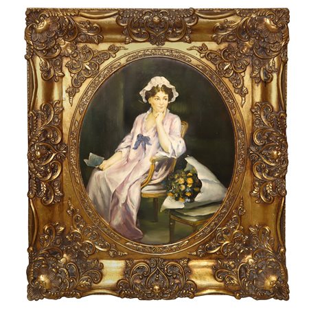 Donna seduta con mazzo di fiori