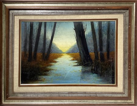 Fiume con alberi al tramonto.