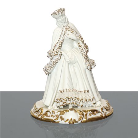 Capodimonte - Dama, figura in porcellana bianca di Capodimonte con dettagli oro