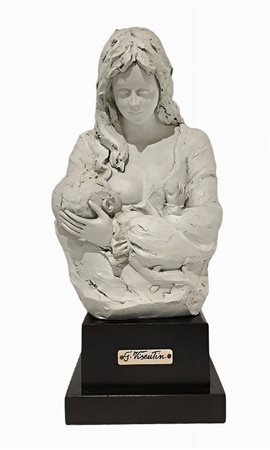 Gianni Visentin (1938 - 2010)  - Statuetta in biscuit raffigurante maternità con base in legno.