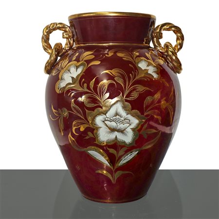 Mica Italy - Vaso in ceramica biansato con prese ad anello bordeaux con decorazione floreale dorata sul fronte