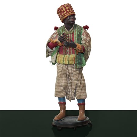 Personaggio presepiale in terracotta e legno con vesti in cotone, raso e passamaneria: servitore moro, Naples 19° secolo