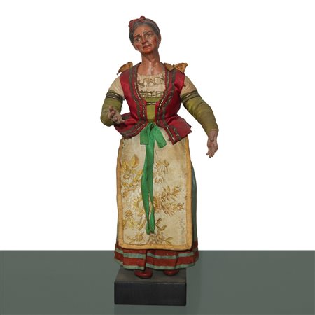 Personaggio presepiale in terracotta e legno con vesti in cotone, raso e passamaneria: donna popolana , Naples 19° secolo