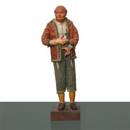 Personaggio presepiale in terracotta e legno con vesti in cotone, raso e passamaneria: giovane borghese benestante , Naples 19° secolo