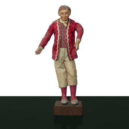 Personaggio presepiale in terracotta e legno con vesti in cotone, raso e passamaneria: giovane nobile, Naples 19° secolo