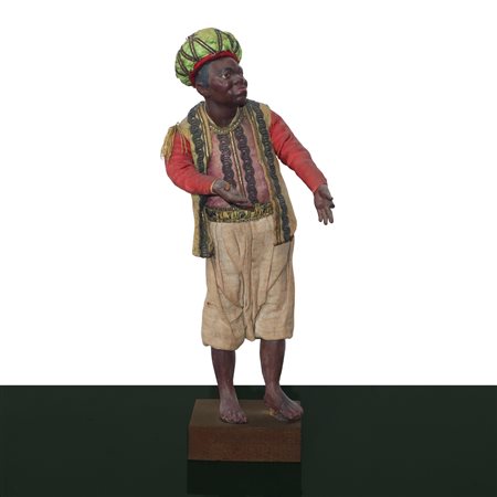 Personaggio presepiale in terracotta e legno con vesti in cotone, raso e passamaneria: servitore moro con turbante , Naples 19° secolo