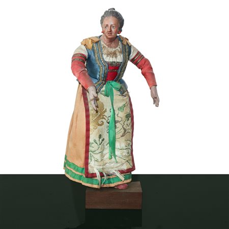 Personaggio presepiale in terracotta e legno con vesti in cotone, raso e passamaneria: popolana , Naples 19° secolo