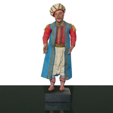 Personaggio presepiale in terracotta e legno con vesti in cotone, raso e passamaneria: turco con baffi e  turbante, Naples 19° secolo