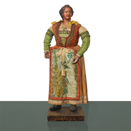 Personaggio presepiale in terracotta e legno con vesti in cotone, raso e passamaneria: popolana con grembiule , Naples 19° secolo