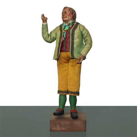 Personaggio presepiale in terracotta e legno con vesti in cotone, raso e passamaneria:uomo calvo con  giubbotto color cammello, Naples 19° secolo