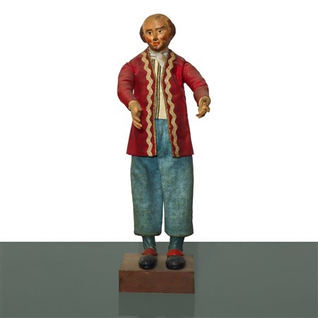 Personaggio presepiale in terracotta e legno con vesti in cotone, raso e passamaneria: uomo calvo con  giacca rosa e foulard bianco, Naples 19° secolo